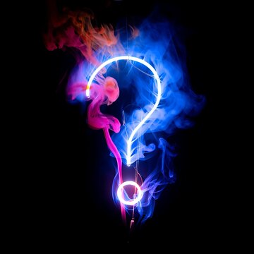 Neon question mark symbol glowing with vibrant blue and pink smoke against a deep black background