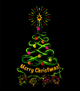 Holiday composition with lacy Christmas tree, shining star, garland with ornaments. Outline icons in grunge graffiti like style. Vivid neon colors.