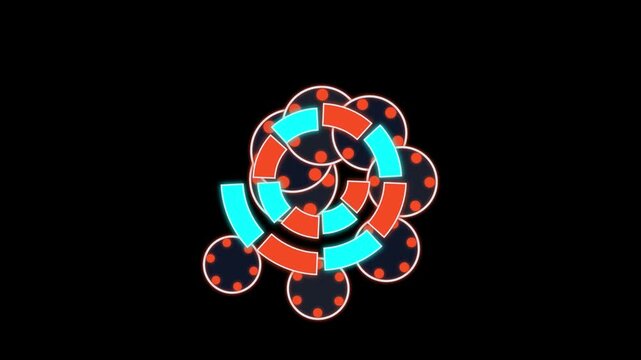 Abstract futuristic neon circle design with glowing orange and cyan segments on dark background