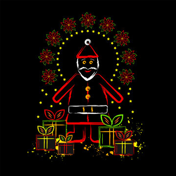 Christmas composition with outline illustrations of happy Santa Claus, gift boxes, poinsettia. Grunge graffiti like style. Fluorescent neon colors on black background. Festive design
