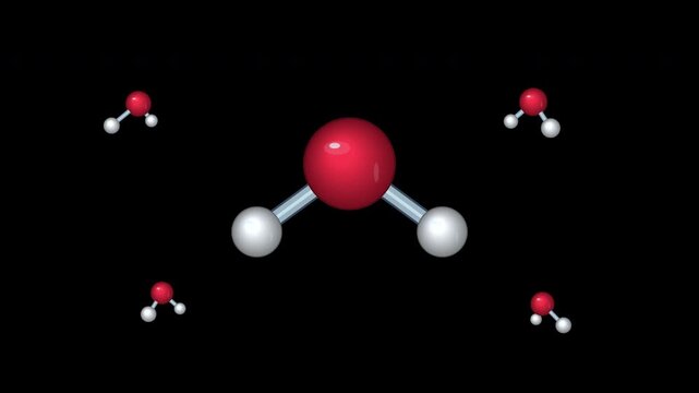 Water molecules rotating with red oxygen and white hydrogen atoms on transparent background