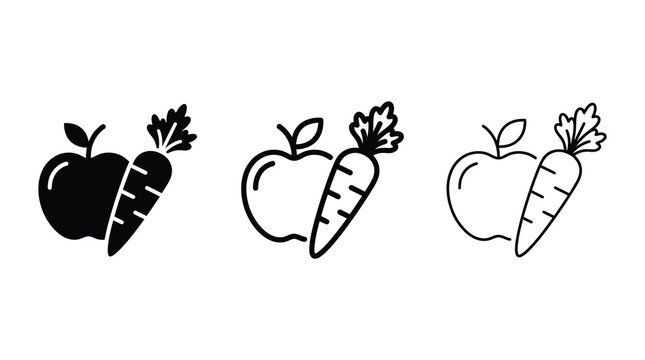 Apple and carrot icon set in solid and outline style vector illustration