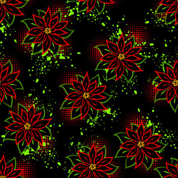 Seamless pattern with scattered Christmas flower poinsettia, spray paint splatters, halftone shapes. Outline illustration for holiday decorations in grunge style. Fluorescent neon colors on black