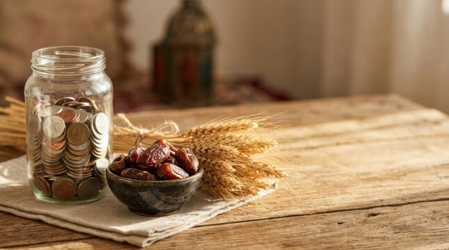 Glass jar filled with coins and a small bowl of dates with wheat stalks on a wooden table for charity and giving