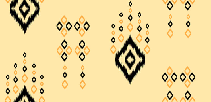 An elegant seamless ethnic pattern featuring traditional ikat diamond motifs and geometric tribal ornaments in black and soft orange over a light cream yellow background.