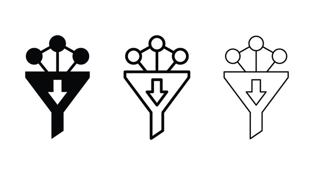 Data funnel icon set with solid and outline vector illustration styles