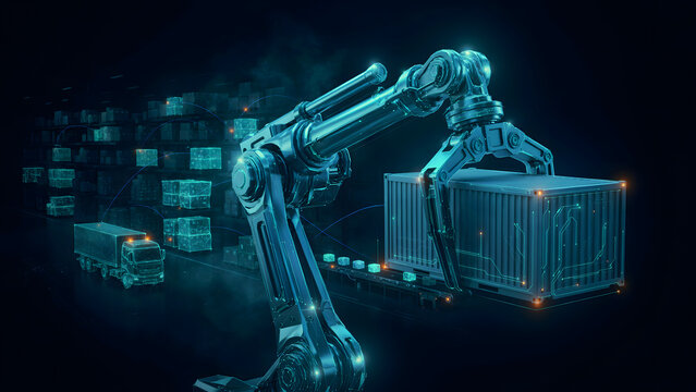 Industrial robot handling shipping containers and cargo for logistics