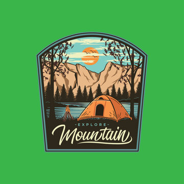 Explore mountain vector illustration with camping tent, campfire, mountains, pine trees, lake and vintage badge design