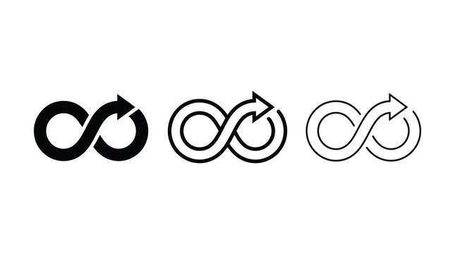 Infinity arrow symbol icon set in solid and outline styles for vector graphic