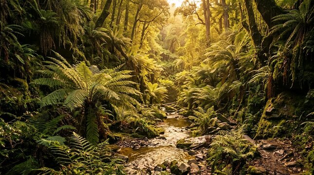 Sunlit temperate rainforest landscape with a peaceful river stream flowing through lush giant tree ferns and mossy woods