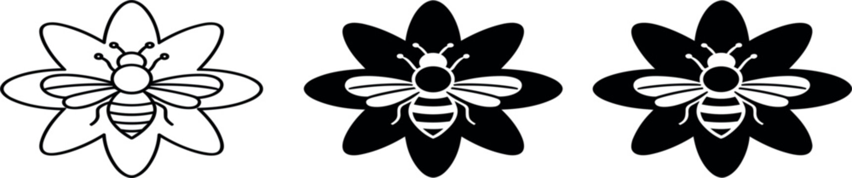Set of honey bee on flower icons, black line art and solid silhouette insect vector illustration on white background