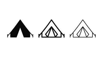 Camping tent icon set featuring solid and outline vector illustrations on white background © Komola