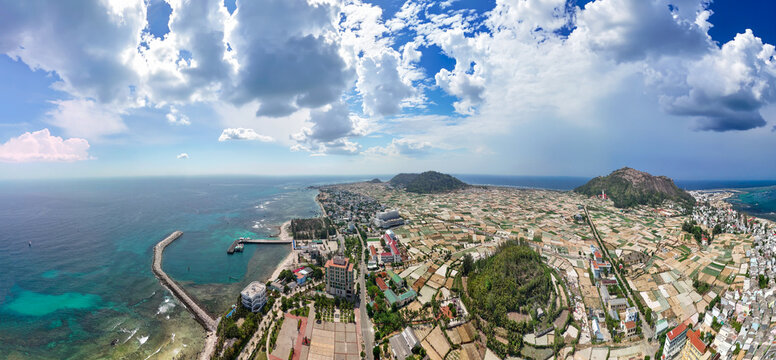 Drone panorama of the southern coast and landscape of Ly Son Island