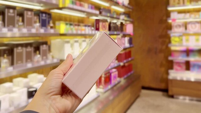 Perfume and Eau de Toilette Bottles on Display in Cosmetics Store &ndash; Fragrance Products on Shelf with Blurred Perfume Background