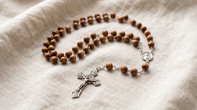 Wooden Catholic Rosary with Silver Crucifix on Textured Linen Background