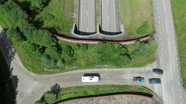 Aerial view of ecoduct green bridge over E45 motorway near Lilla Edet, Sweden