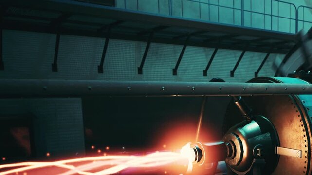 Large industrial machine generates powerful glowing orange electricity inside a dark building at night while mechanical parts move and operate within the warehouse setting during a dark time of day