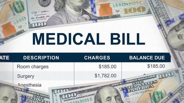 Medical bill close up with dollar banknotes. Medical treatment expenses, room charges and services, surgery, anesthesia, healthcare. Hospital invoice and patient billing statement. 4k footage