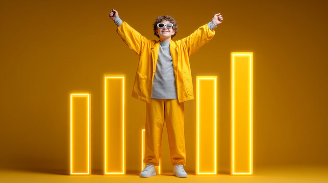 Cheerful child in bright yellow outfit stands confidently with arms raised in front of glowing bar chart, symbolizing success and optimism