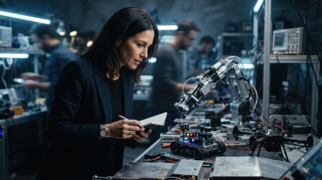 Venture investor studying a robotics lab with a robot arm, autonomous ground vehicle, quadcopter drone, and armor panels.