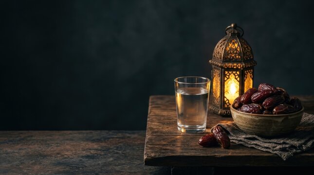 Traditional Ramadan Iftar table with dates and water glass illuminated by a glowing lantern on a rustic wooden surface