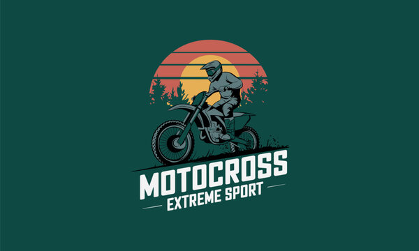 Motocross extreme sport vector illustration with dirt bike rider, retro sunset, pine trees and dark green background