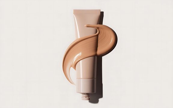 Liquid foundation cream tube featuring smooth beige makeup swatch smear against clean background studio lighting highlighting sleek packaging design for modern cosmetic products and beauty commercial 