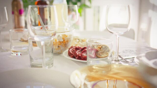 Birthday celebration at home in the sun a festive table with white plates, meat and jamon cuts, appetizers and empty glasses glittering in daylight, ready for guests to arrive for the party