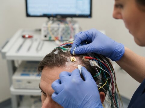 eeg electrode placement Technician attaching electrodes to a patient's head for brain monitoring or EEG.