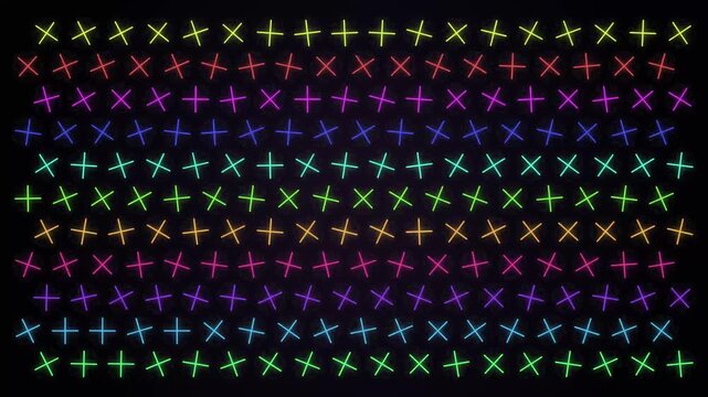 Abstract Neon Cross Pattern Background Featuring A Repeating Grid Of Glowing Plus Signs In Vibrant Rainbow Colors Over A Dark Textured Surface Perfect For Digital Displays Or Modern Creative Projects