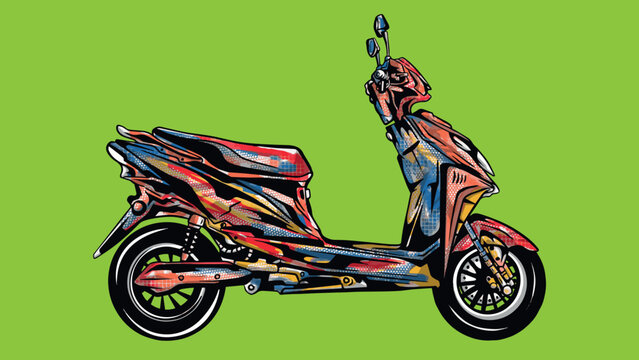 Scooter vector illustration with colorful artistic paint design, urban moped, modern vehicle and green background