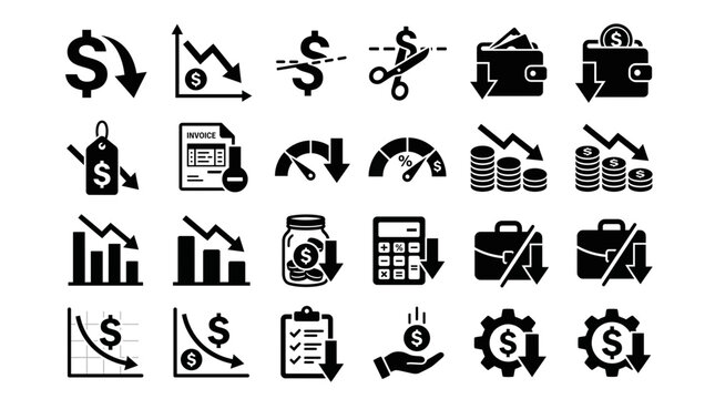 Set of black and white financial and business money reduction concept vector icons