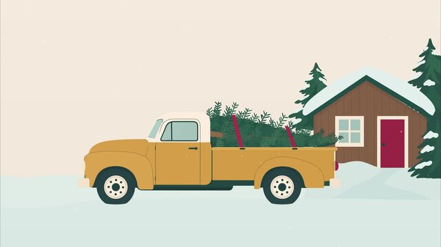 Vintage pickup bringing a Christmas tree to a snowy cabin