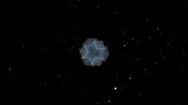 Futuristic Glowing Geometric Cube Rotating in Deep Space with Particles and Digital Connectivity Lin