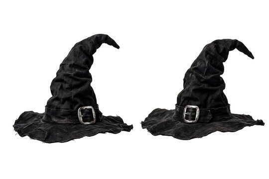 Vintage Black Witch Hat Set with Buckles Isolated on Transparent Background PNG