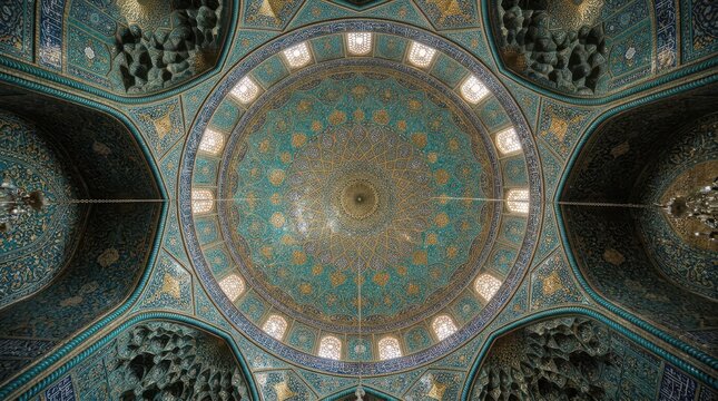 Intricate Persian tile work inside the dome of a historic mosque featuring geometric patterns and floral motifs