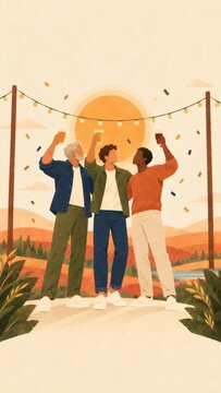 Four friends raising glasses together beneath festive string lights. Friendship, celebration and social gathering concept. Outdoor party, toast and joyful connection.
