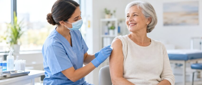 Nurse administering an injection to a smiling senior woman in a medical clinic. Vaccination and preventive healthcare. Immunization, patient care and healthy aging concept.