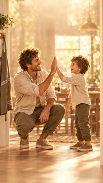 Father and young son giving a high five at home. Family bonding through playful interaction. Parenting, childhood and positive relationship concept. Warm lifestyle scene.