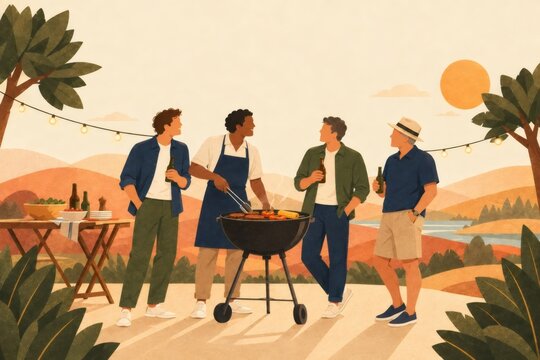 Four friends cooking together at an outdoor barbecue beside a tropical pool. Summer gathering and social dining. Backyard grilling, friendship and leisure. Warm illustrated style with copy