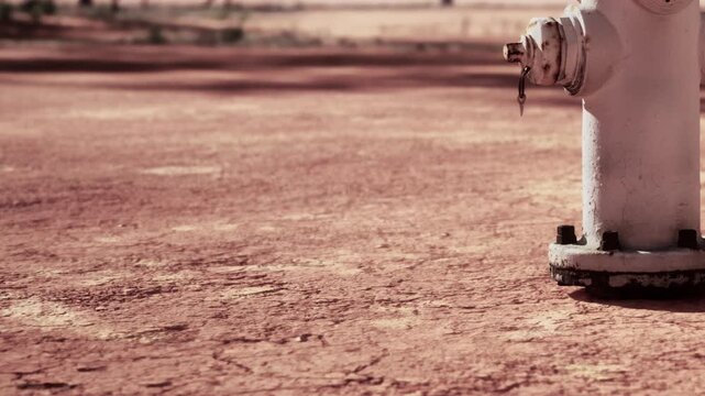 Weathered fire hydrant sits on the parched ground in a desolate landscape under bright daylight as the surrounding soil shows deep cracks from extreme lack of water and harsh dry conditions in nature