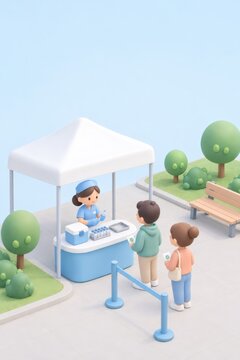 Nurse administering vaccination to children at an outdoor clinic. Pediatric immunization and community healthcare. Childhood disease prevention. Public health outreach and vaccine access.