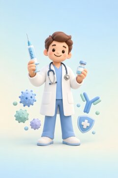 Cartoon doctor holding syringe and medicine vial among virus particles and medical symbols. Healthcare and disease prevention concept. Vaccination, immunization and infection control.