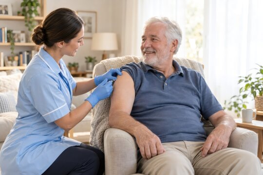 Nurse gives seated senior man an injection at home. Home healthcare and vaccination for older adults. Patient care, preventive medicine and community health. Senior wellness