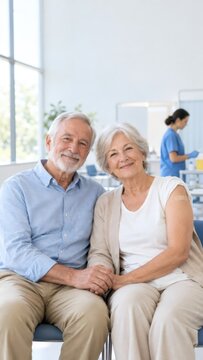 Senior couple sitting together in a clinic after vaccination. Healthcare for older adults and preventive medicine. Patient care, wellness and aging support. Medical services