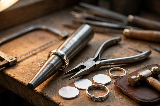 Jeweller's bench with ring mandrel, pliers and silver blanks
