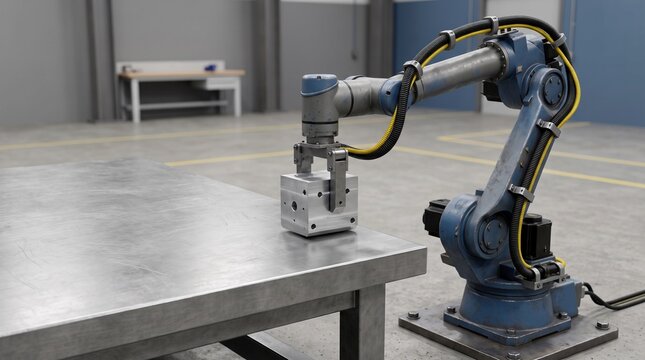 Industrial robotic arm placing metal block on steel workbench in