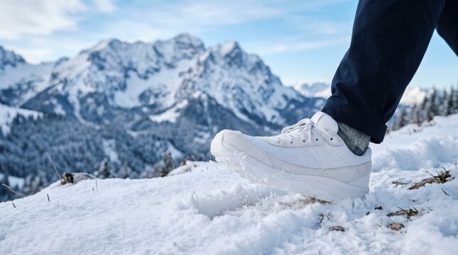 Hiker walking on snowy mountain peak during winter hiking excursion