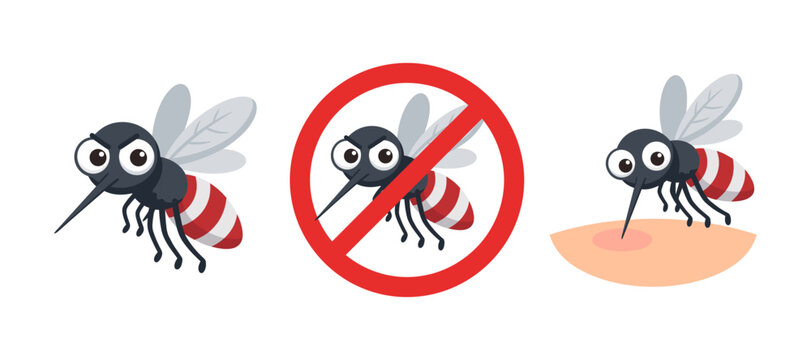 Mosquito insect collection with warning sign and biting scene white background caution icon
