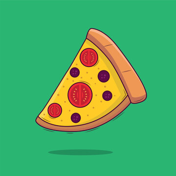 Pizza slice vector illustration with cartoon pepperoni, melted cheese, crust and green background